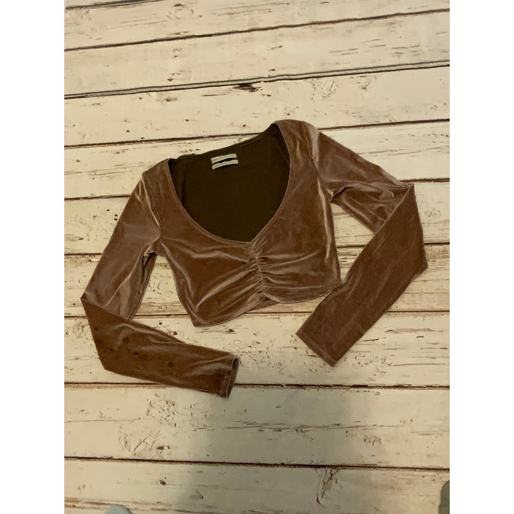 Urban Outfitters Brown Ribbed Velvet Ruched V-Neck Long Sleeve Crop Top Small